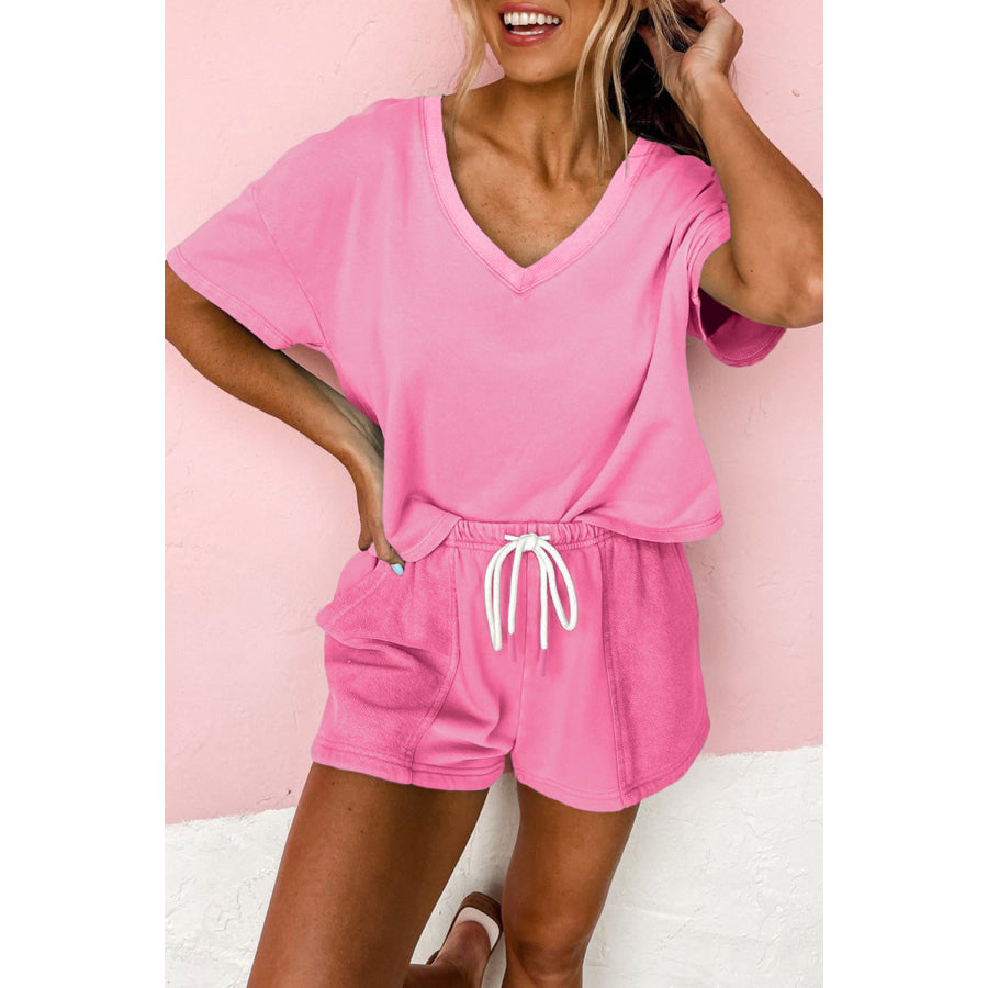 Myosotis V Neck Drop Shoulder Tee and Patchwork Drawstring Shorts Set Bonbon / S / 70% Polyester + 25% Cotton + 5% Elastane Two Piece