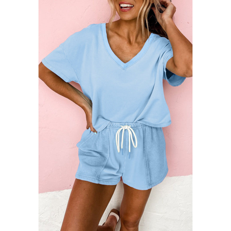 Myosotis V Neck Drop Shoulder Tee and Patchwork Drawstring Shorts Set Myosotis / S / 70% Polyester + 25% Cotton + 5% Elastane Two Piece