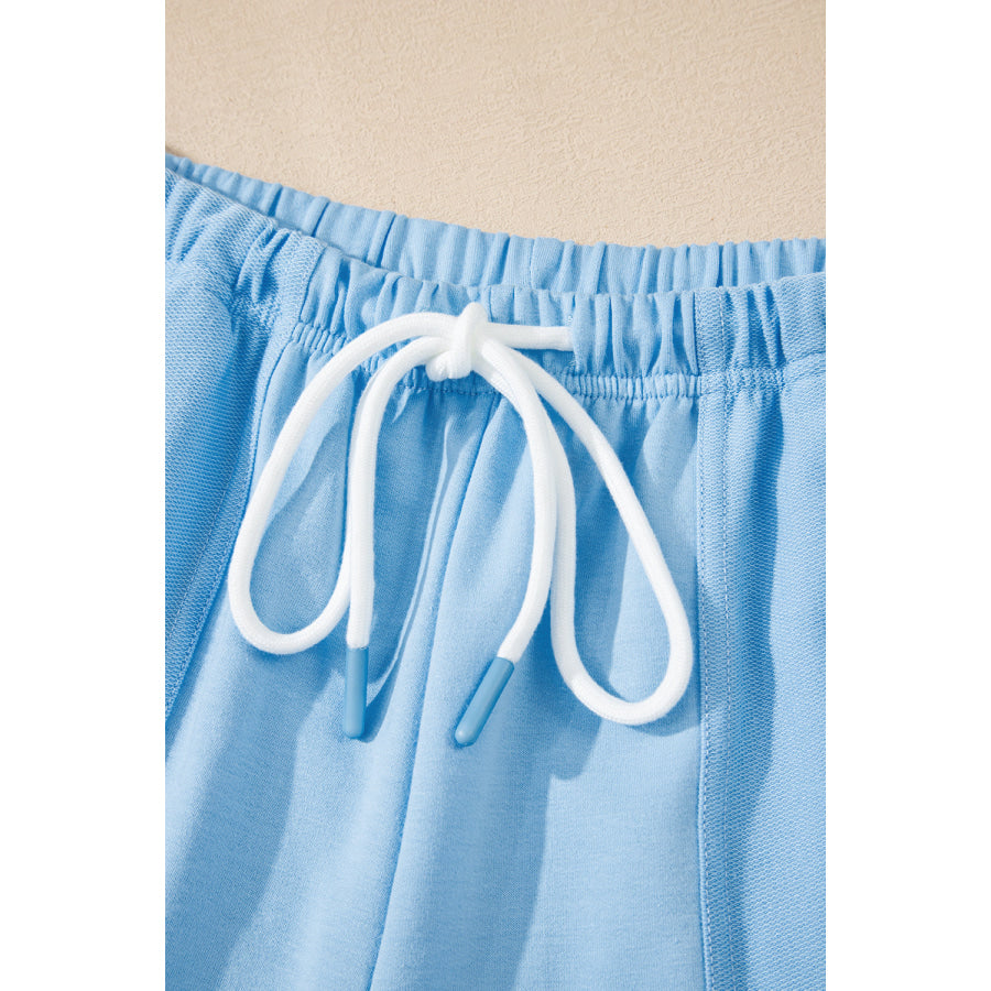 Myosotis V Neck Drop Shoulder Tee and Patchwork Drawstring Shorts Set Two Piece Sets/Short Sets