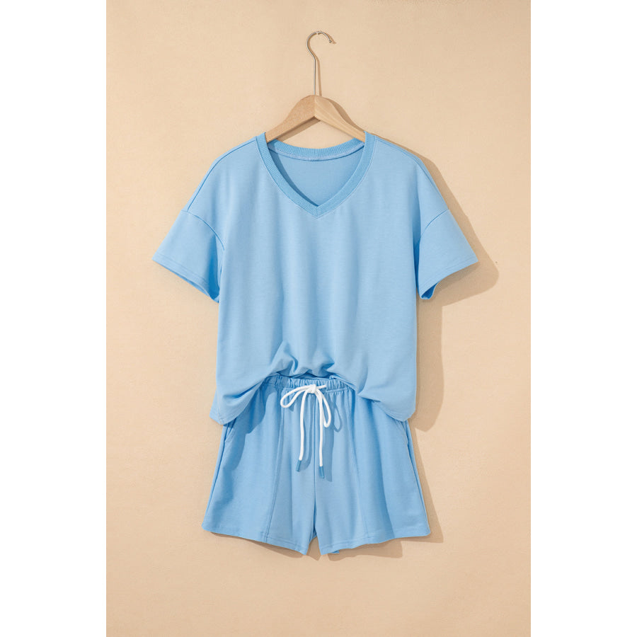 Myosotis V Neck Drop Shoulder Tee and Patchwork Drawstring Shorts Set Two Piece Sets/Short Sets