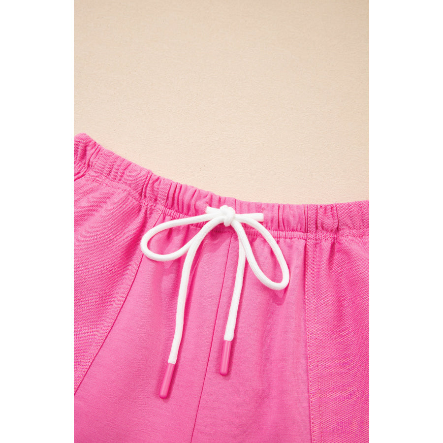 Myosotis V Neck Drop Shoulder Tee and Patchwork Drawstring Shorts Set Two Piece Sets/Short Sets