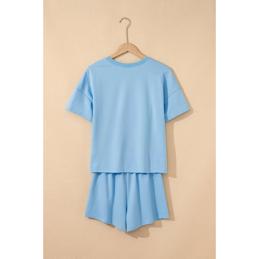 Myosotis V Neck Drop Shoulder Tee and Patchwork Drawstring Shorts Set Two Piece Sets/Short Sets