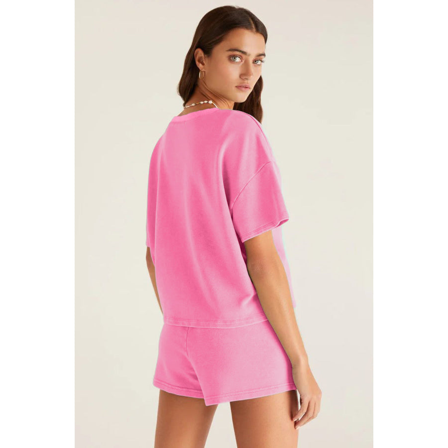 Myosotis V Neck Drop Shoulder Tee and Patchwork Drawstring Shorts Set Two Piece Sets/Short Sets