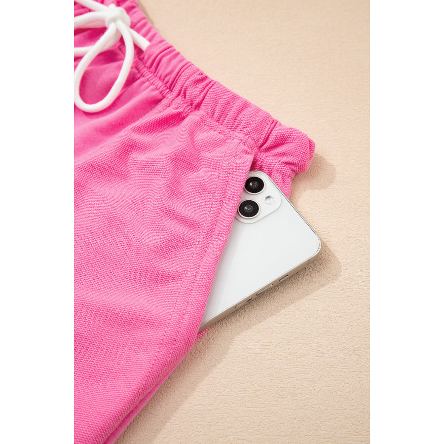 Myosotis V Neck Drop Shoulder Tee and Patchwork Drawstring Shorts Set Two Piece Sets/Short Sets