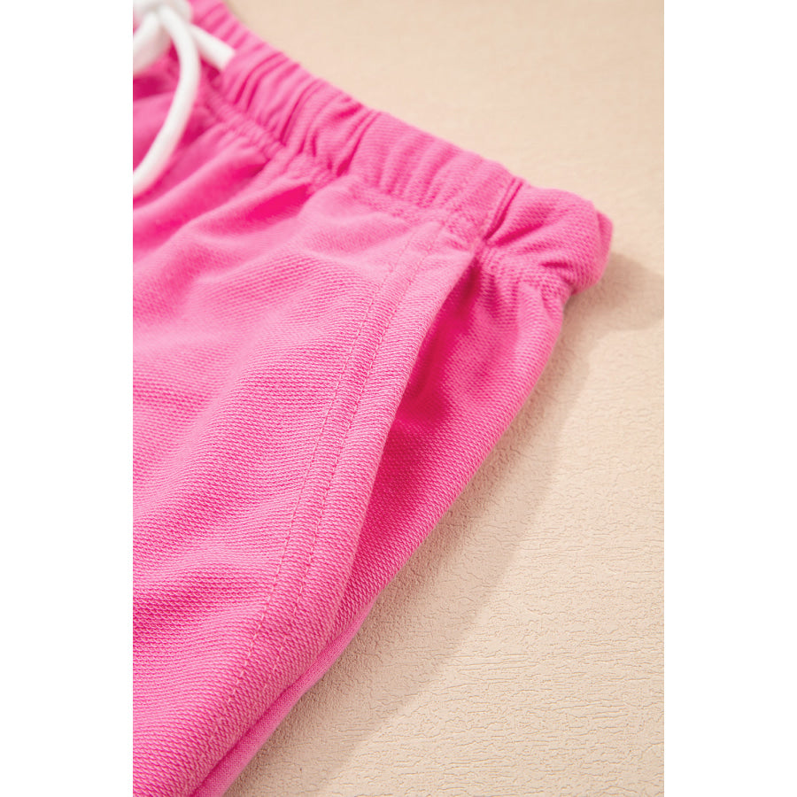 Myosotis V Neck Drop Shoulder Tee and Patchwork Drawstring Shorts Set Two Piece Sets/Short Sets