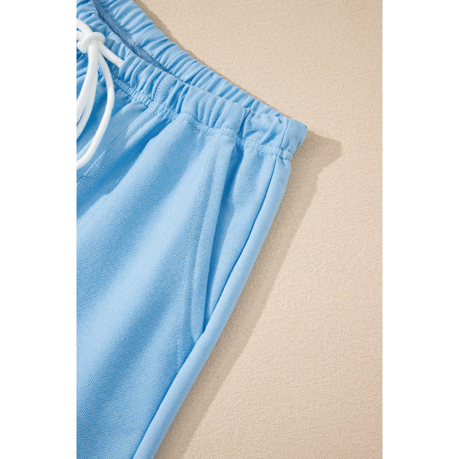Myosotis V Neck Drop Shoulder Tee and Patchwork Drawstring Shorts Set Two Piece Sets/Short Sets
