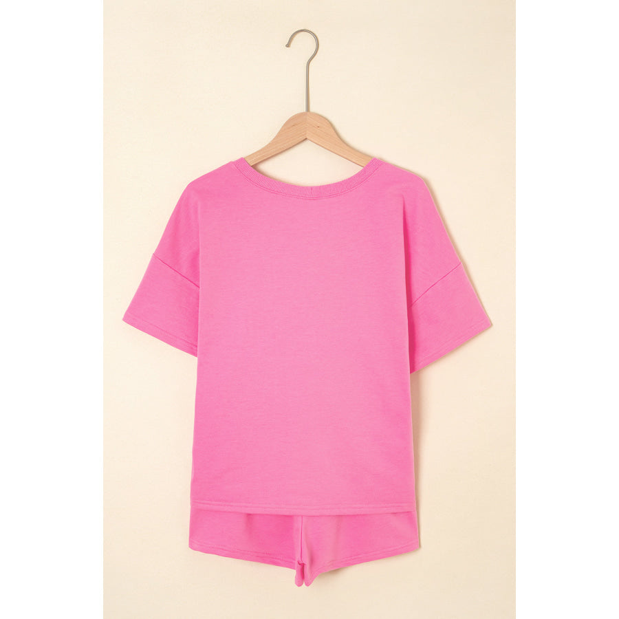 Myosotis V Neck Drop Shoulder Tee and Patchwork Drawstring Shorts Set Two Piece Sets/Short Sets