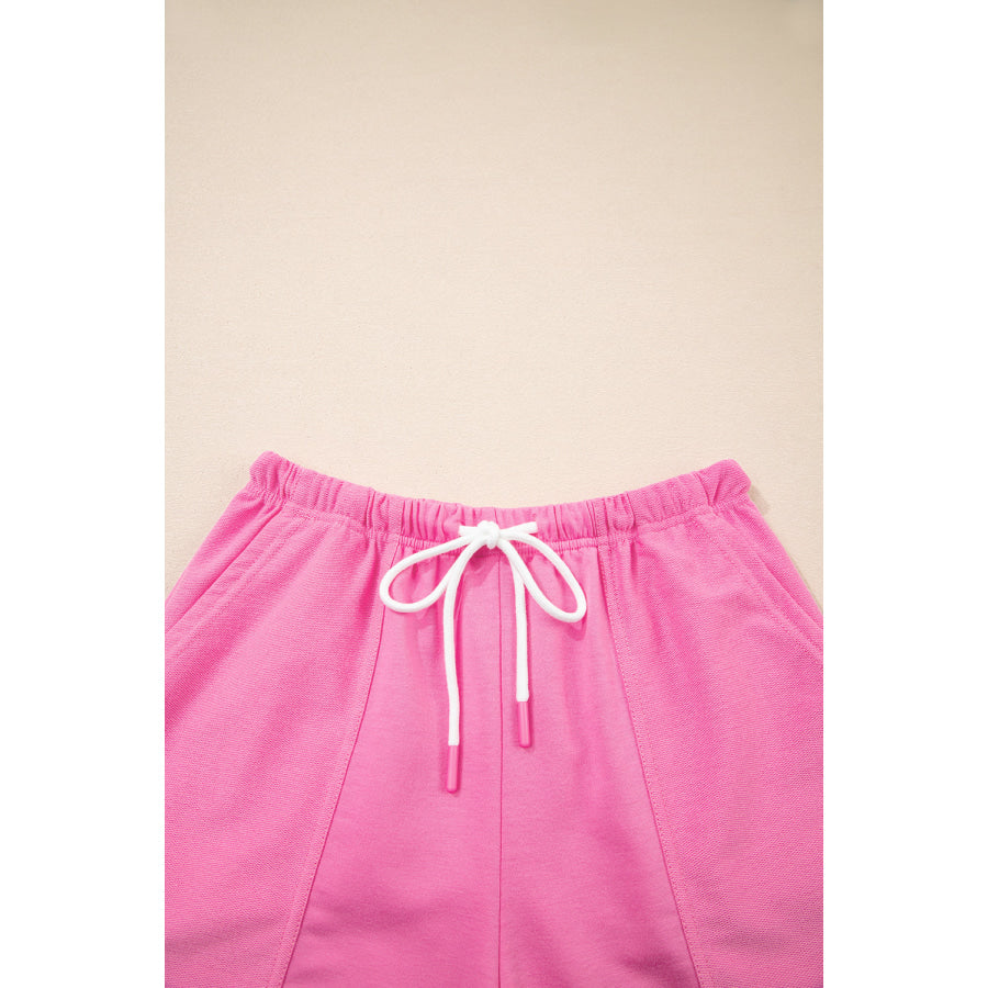 Myosotis V Neck Drop Shoulder Tee and Patchwork Drawstring Shorts Set Two Piece Sets/Short Sets