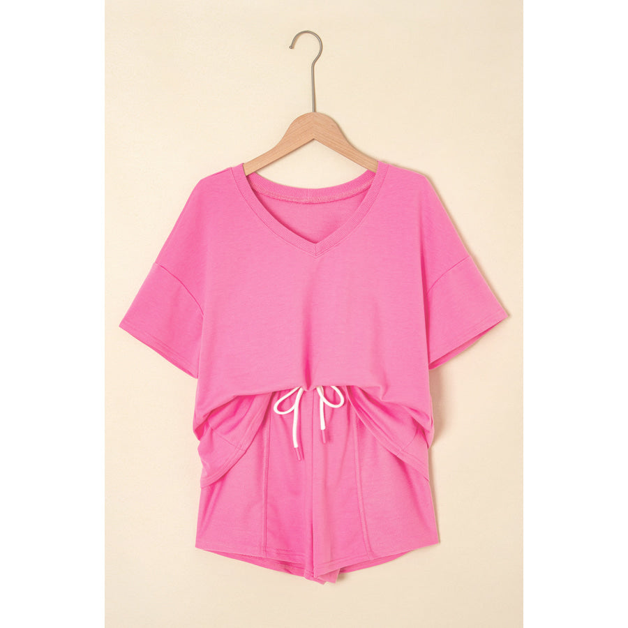 Myosotis V Neck Drop Shoulder Tee and Patchwork Drawstring Shorts Set Two Piece Sets/Short Sets