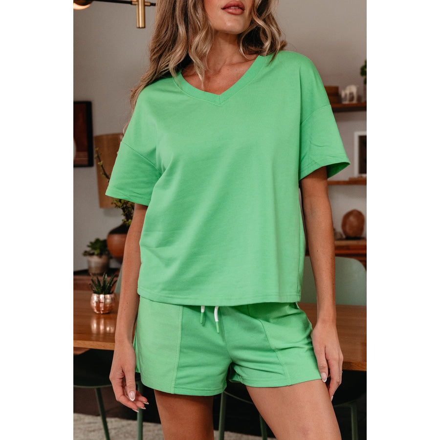 Myosotis V Neck Drop Shoulder Tee and Patchwork Drawstring Shorts Set Two Piece Sets/Short Sets
