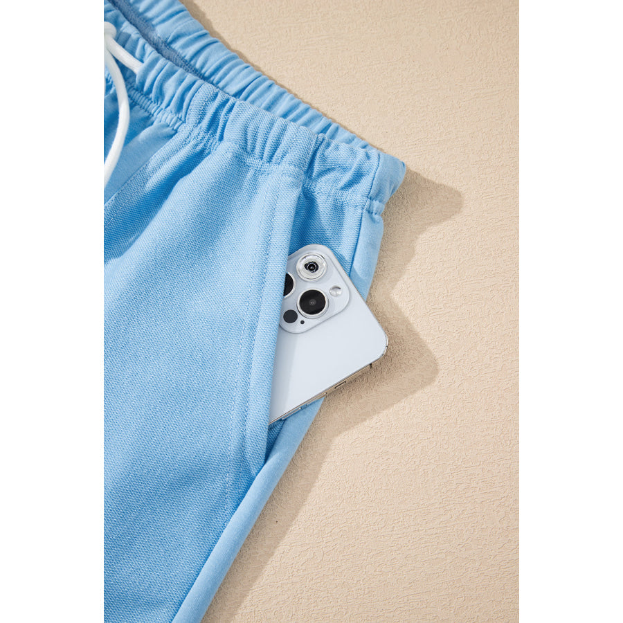 Myosotis V Neck Drop Shoulder Tee and Patchwork Drawstring Shorts Set Two Piece Sets/Short Sets