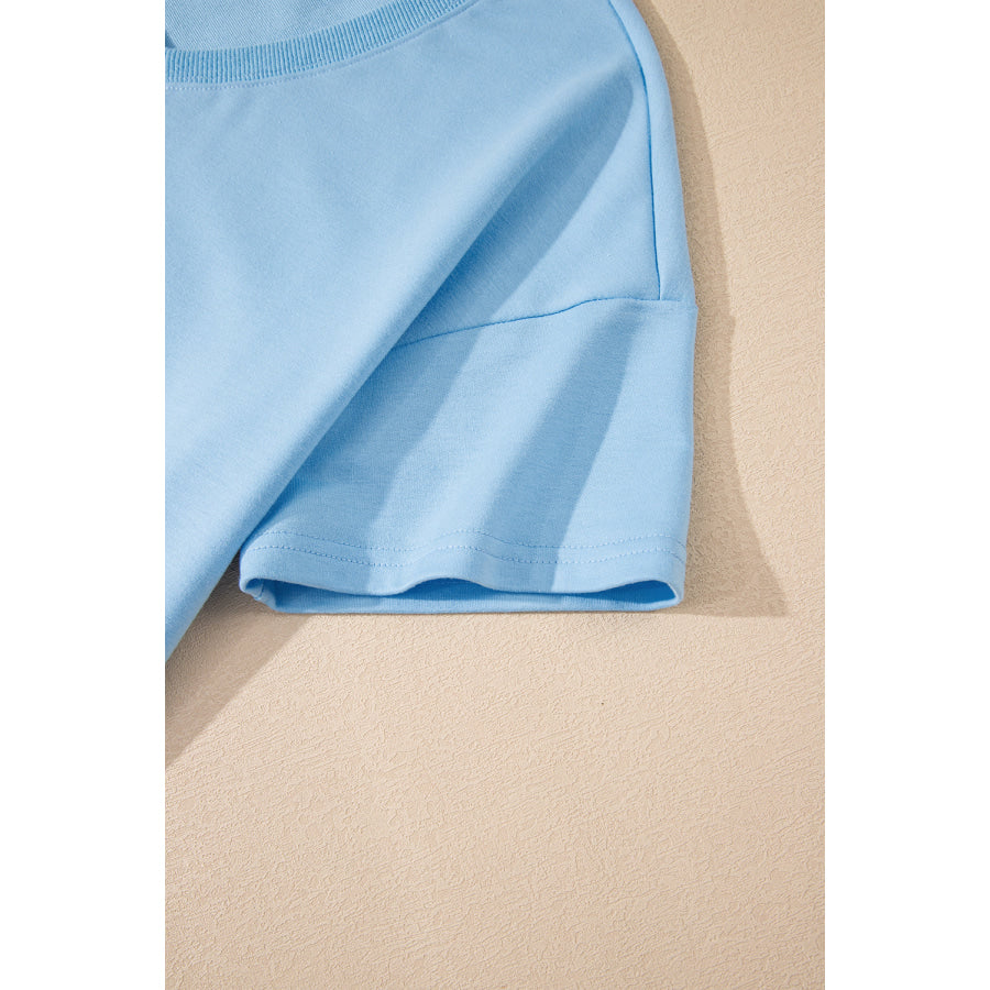 Myosotis V Neck Drop Shoulder Tee and Patchwork Drawstring Shorts Set Two Piece Sets/Short Sets