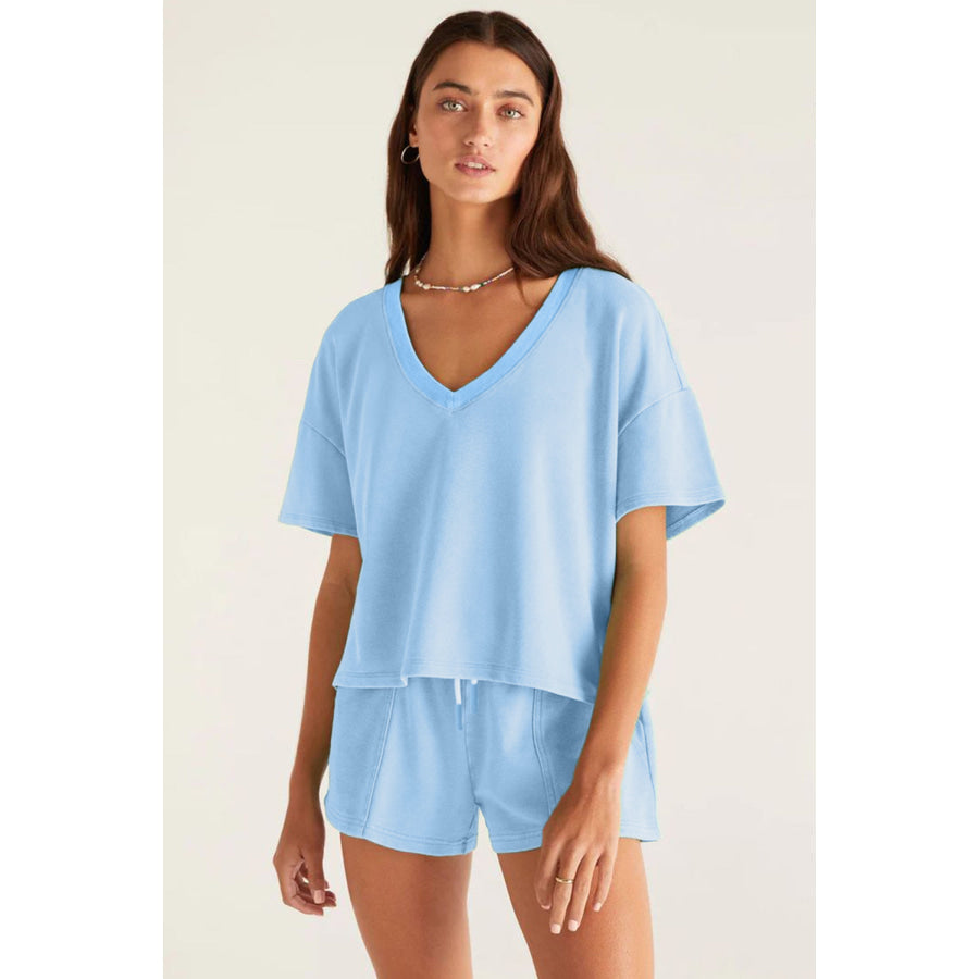 Myosotis V Neck Drop Shoulder Tee and Patchwork Drawstring Shorts Set Two Piece Sets/Short Sets