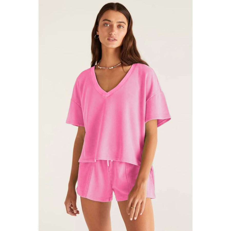 Myosotis V Neck Drop Shoulder Tee and Patchwork Drawstring Shorts Set Two Piece Sets/Short Sets