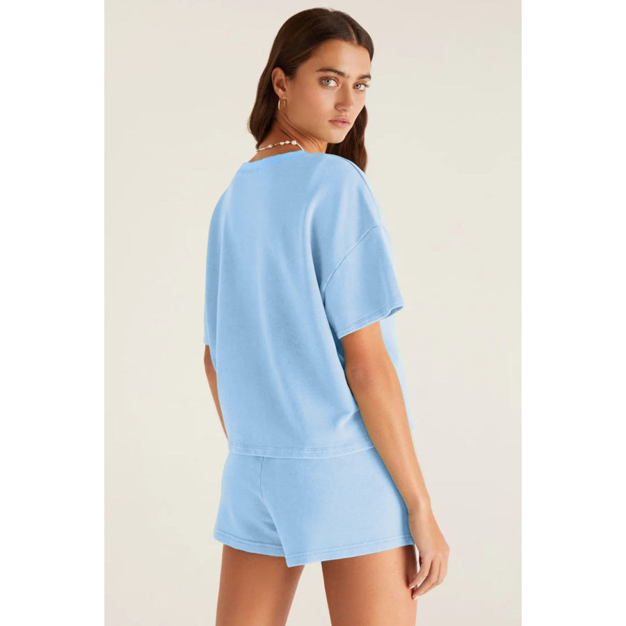 Myosotis V Neck Drop Shoulder Tee and Patchwork Drawstring Shorts Set Two Piece Sets/Short Sets