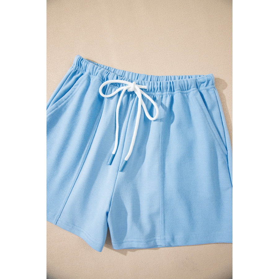 Myosotis V Neck Drop Shoulder Tee and Patchwork Drawstring Shorts Set Two Piece Sets/Short Sets