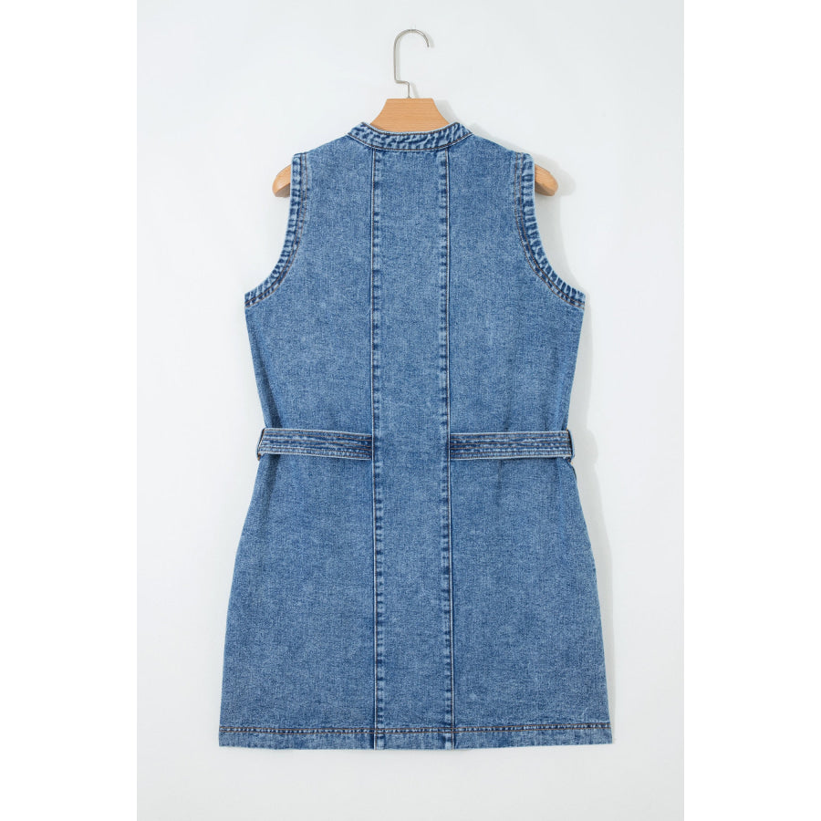 Myosotis Western Belt Button Down Sleeveless Denim Short Dress Dresses/Mini Dresses