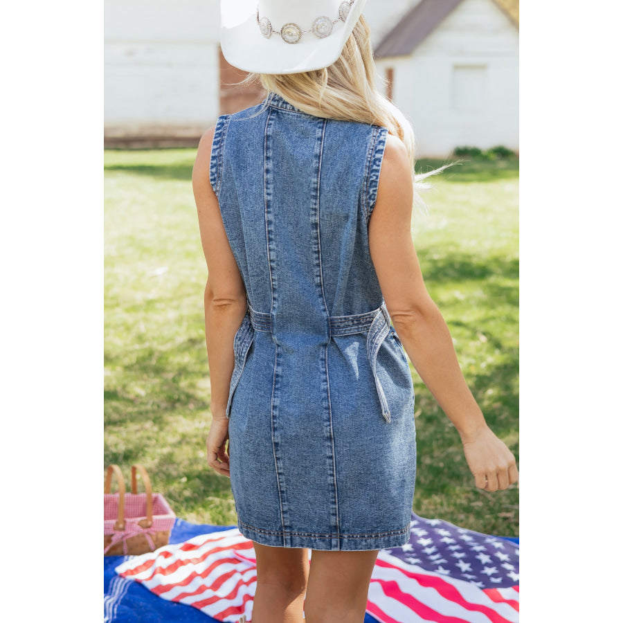 Myosotis Western Belt Button Down Sleeveless Denim Short Dress Dresses/Mini Dresses