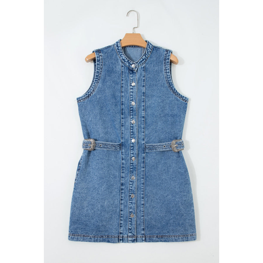 Myosotis Western Belt Button Down Sleeveless Denim Short Dress Dresses/Mini Dresses