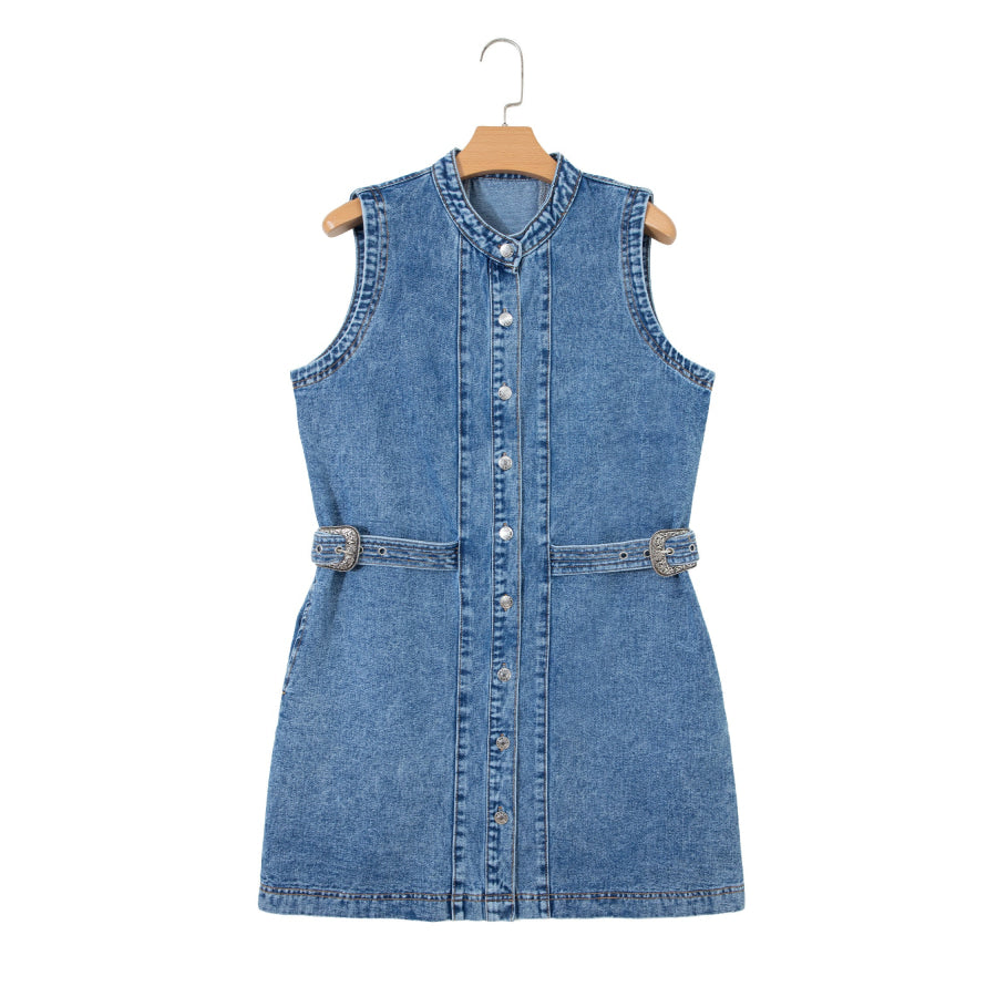 Myosotis Western Belt Button Down Sleeveless Denim Short Dress Dresses/Mini Dresses