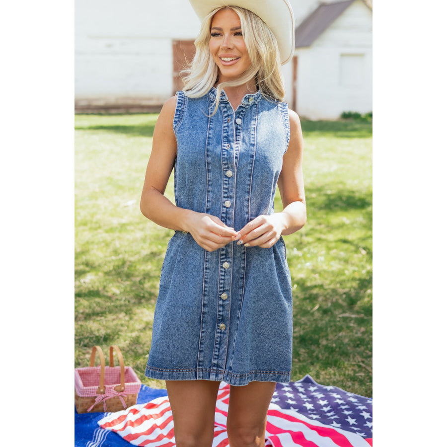 Myosotis Western Belt Button Down Sleeveless Denim Short Dress Dresses/Mini Dresses