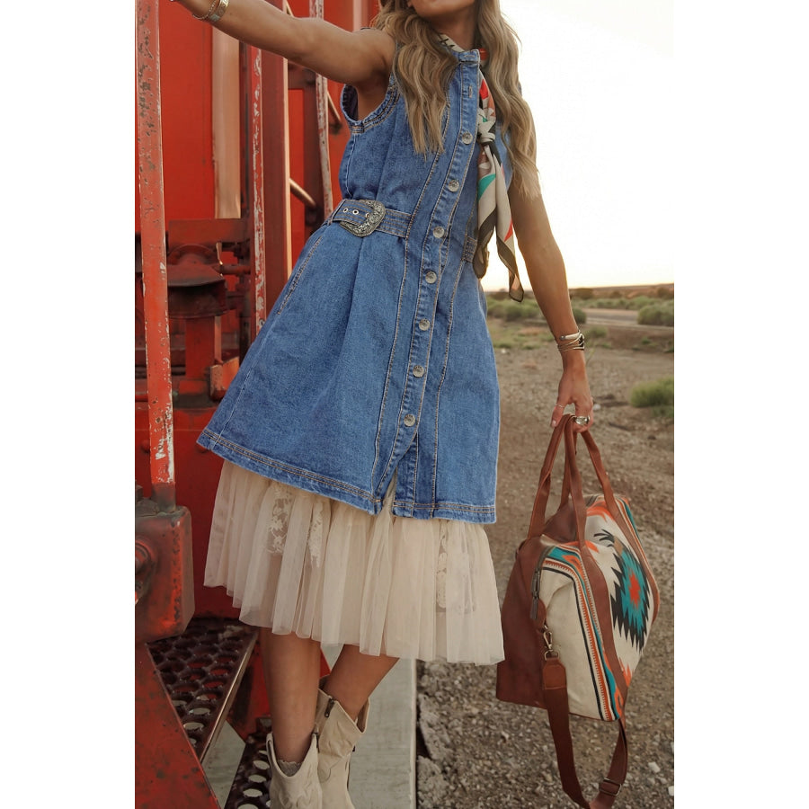 Myosotis Western Belt Button Down Sleeveless Denim Short Dress Dresses/Mini Dresses