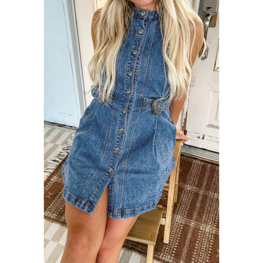 Myosotis Western Belt Button Down Sleeveless Denim Short Dress Dresses/Mini Dresses