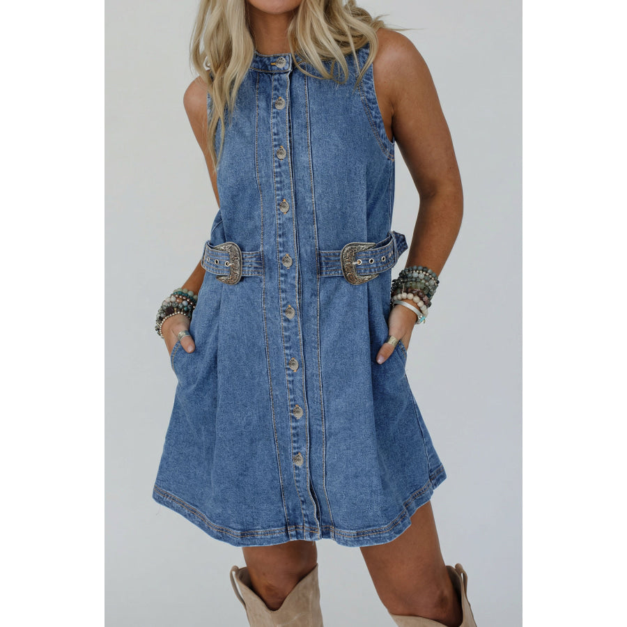 Myosotis Western Belt Button Down Sleeveless Denim Short Dress Dresses/Mini Dresses