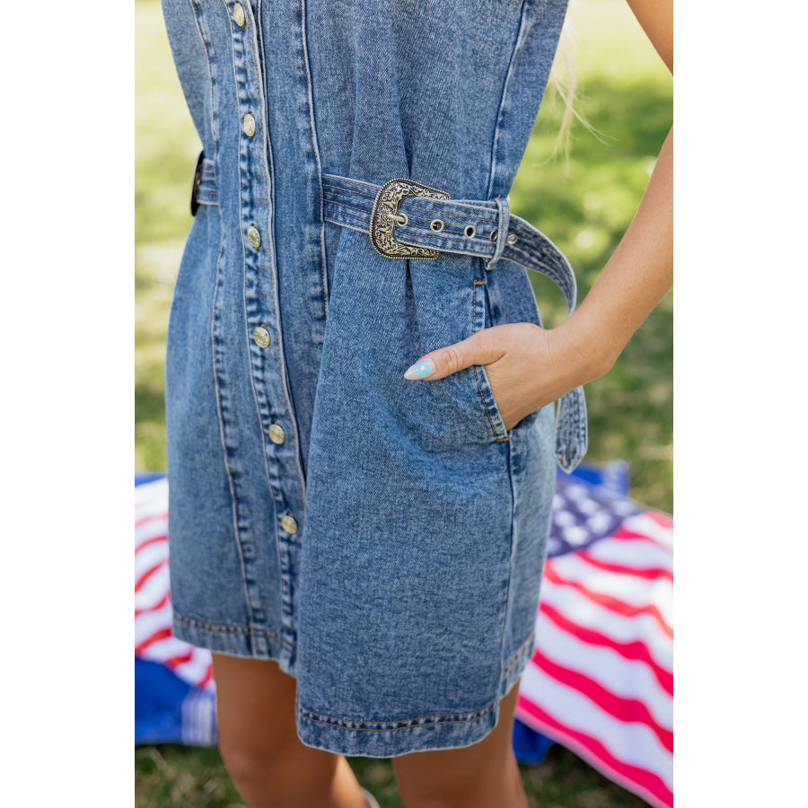 Myosotis Western Belt Button Down Sleeveless Denim Short Dress Dresses/Mini Dresses