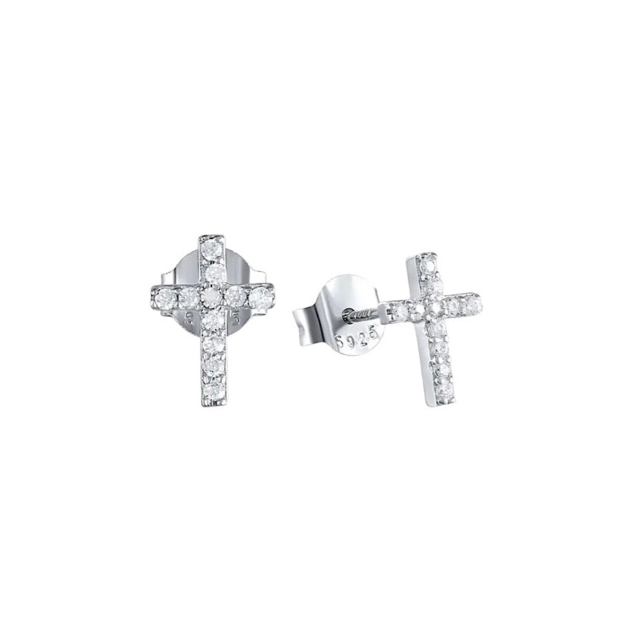 Natural Elements Silver Diamond Cross Stud Earrings WS 630 Jewelry