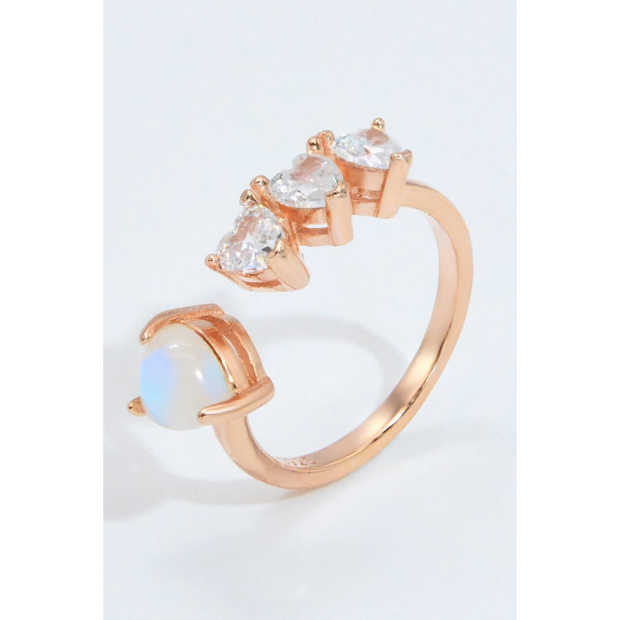 Natural Moonstone and Zircon Heart Open Ring Rose Gold / One Size