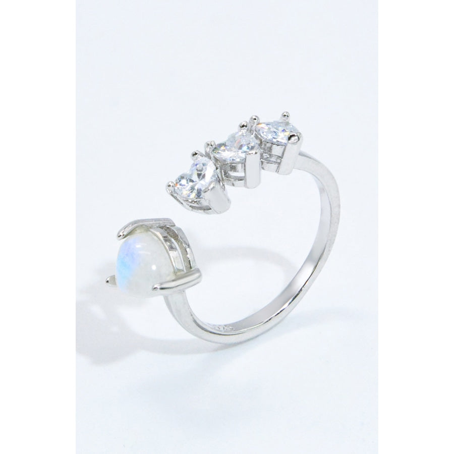 Natural Moonstone and Zircon Heart Open Ring Silver / One Size