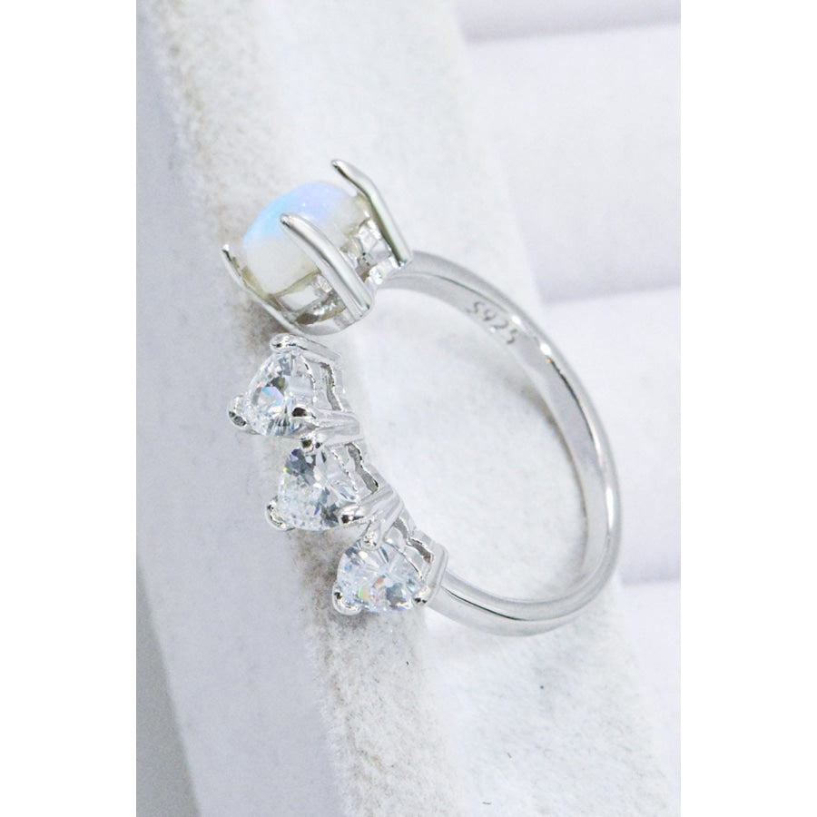 Natural Moonstone and Zircon Heart Open Ring