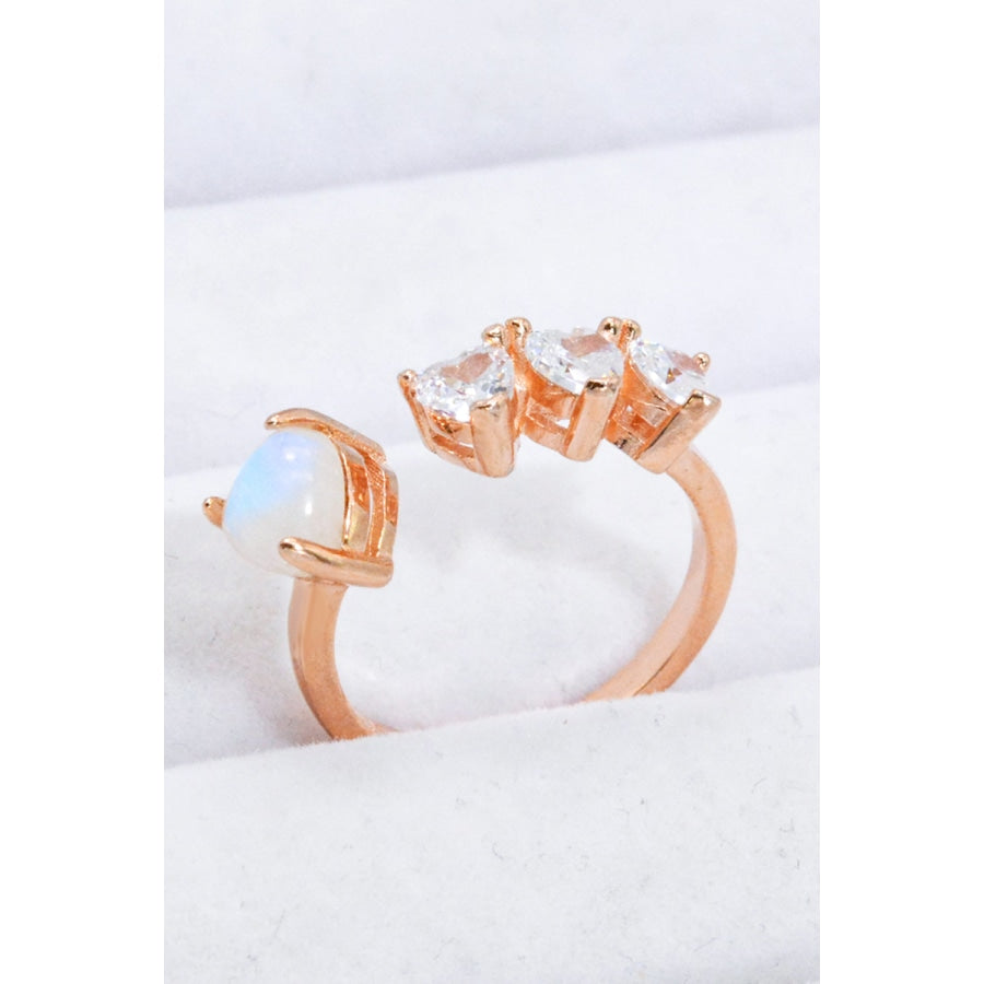 Natural Moonstone and Zircon Heart Open Ring