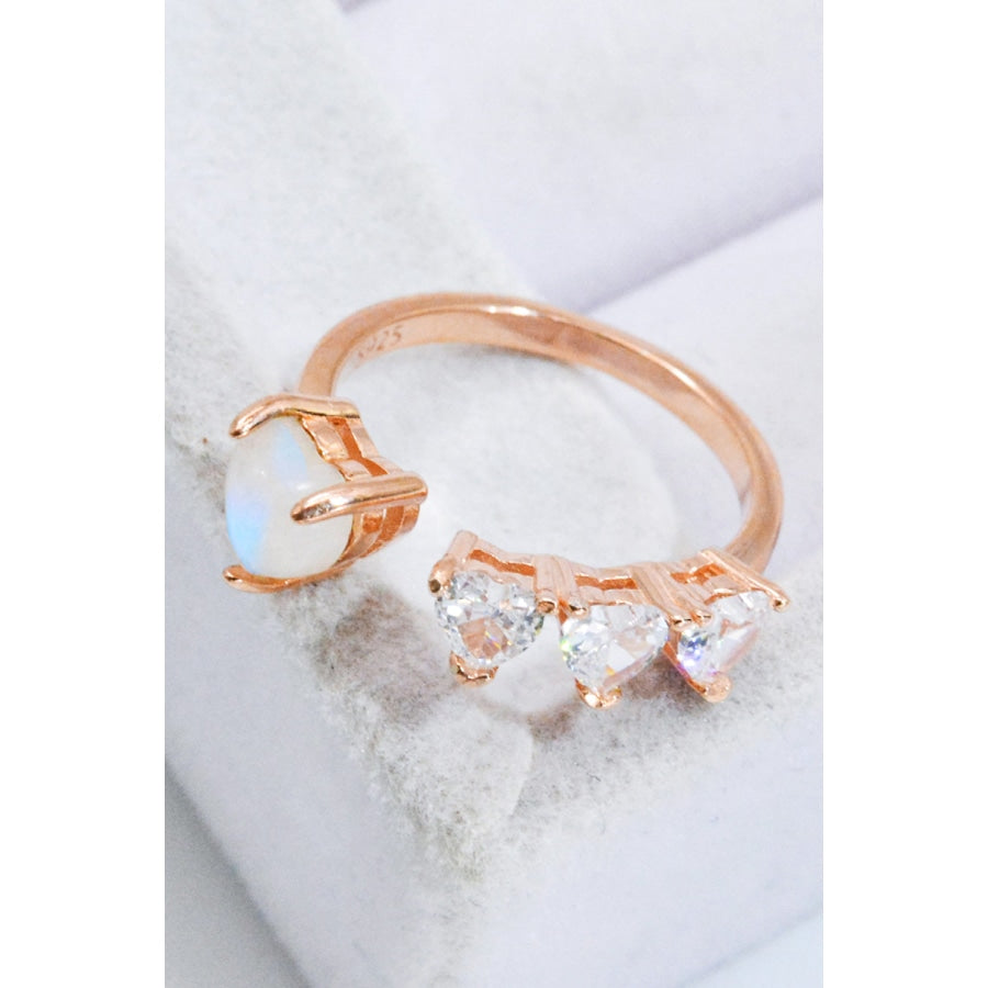 Natural Moonstone and Zircon Heart Open Ring