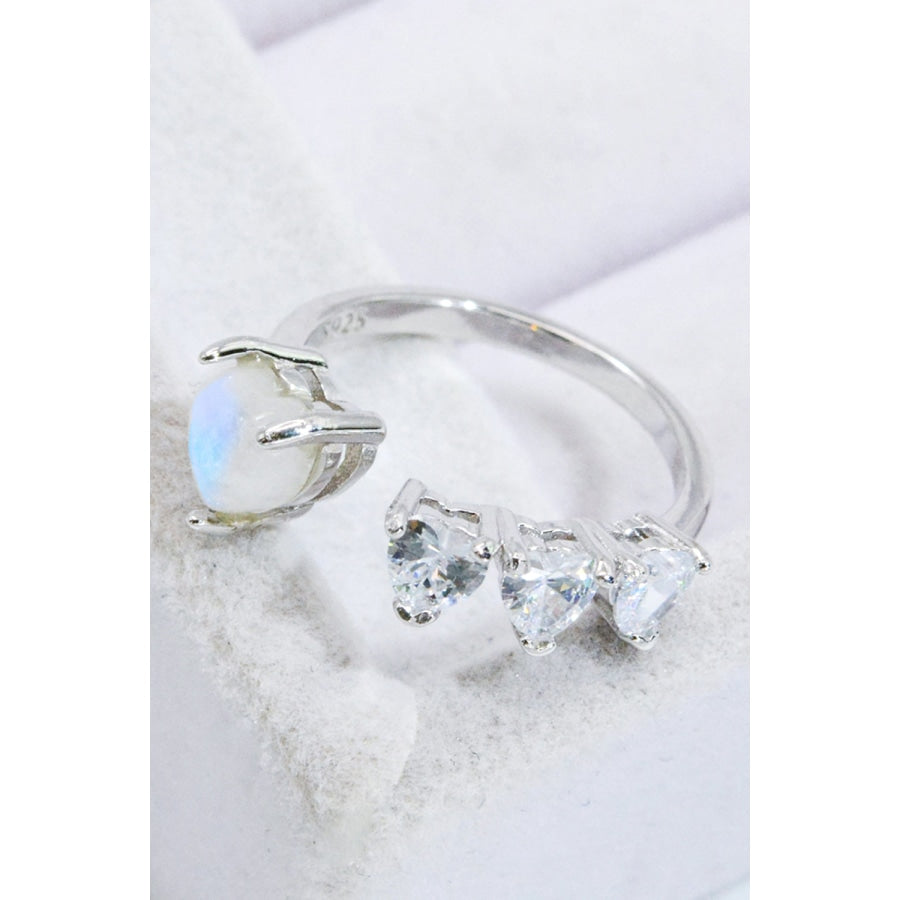 Natural Moonstone and Zircon Heart Open Ring