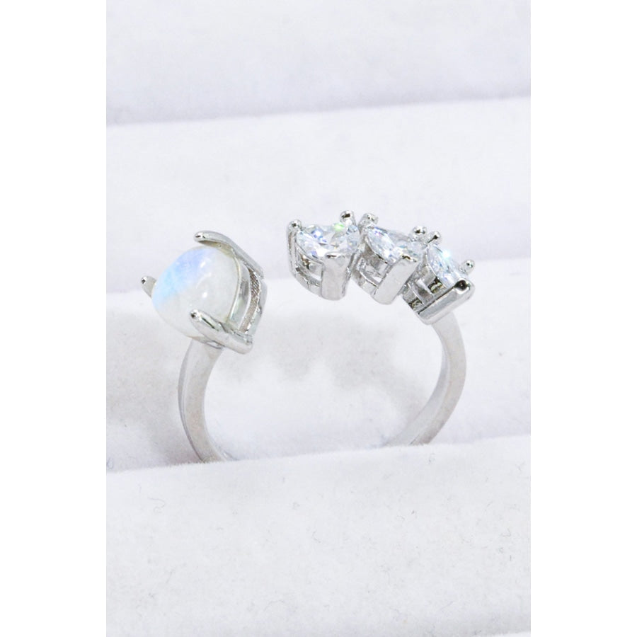 Natural Moonstone and Zircon Heart Open Ring