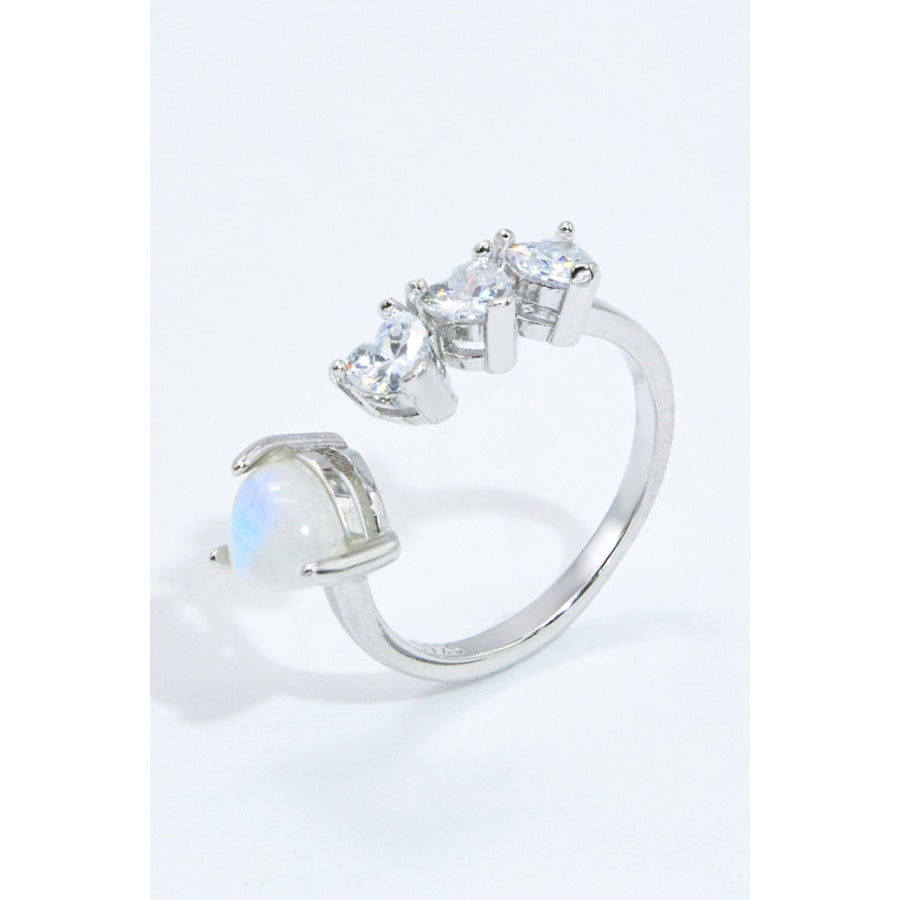 Natural Moonstone and Zircon Heart Open Ring