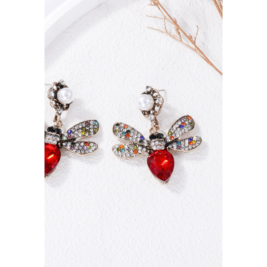 Natural Stone Bee Dangle Earrings Red / One Size Apparel and Accessories