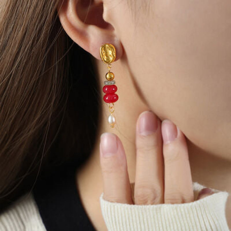 Natural Stone Freshwater Pearl Dangle Earrings Red / One Size Apparel and Accessories