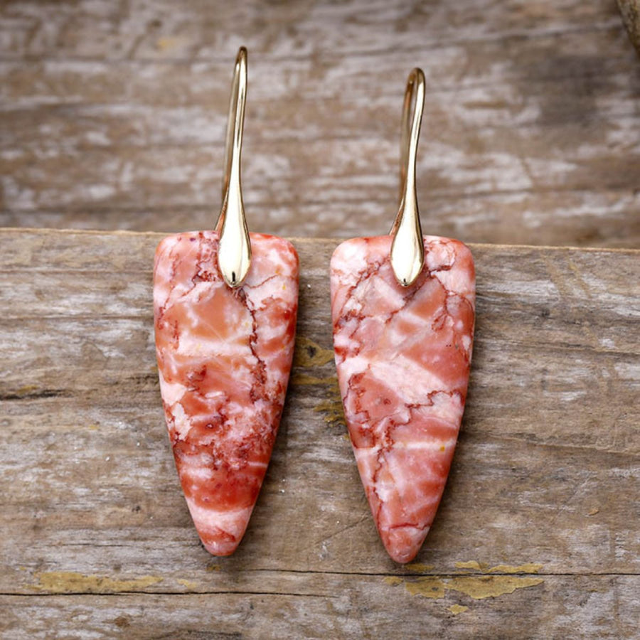 Natural Stone Geometric Shape Earrings Gold/Burnt Coral / One Size Apparel and Accessories