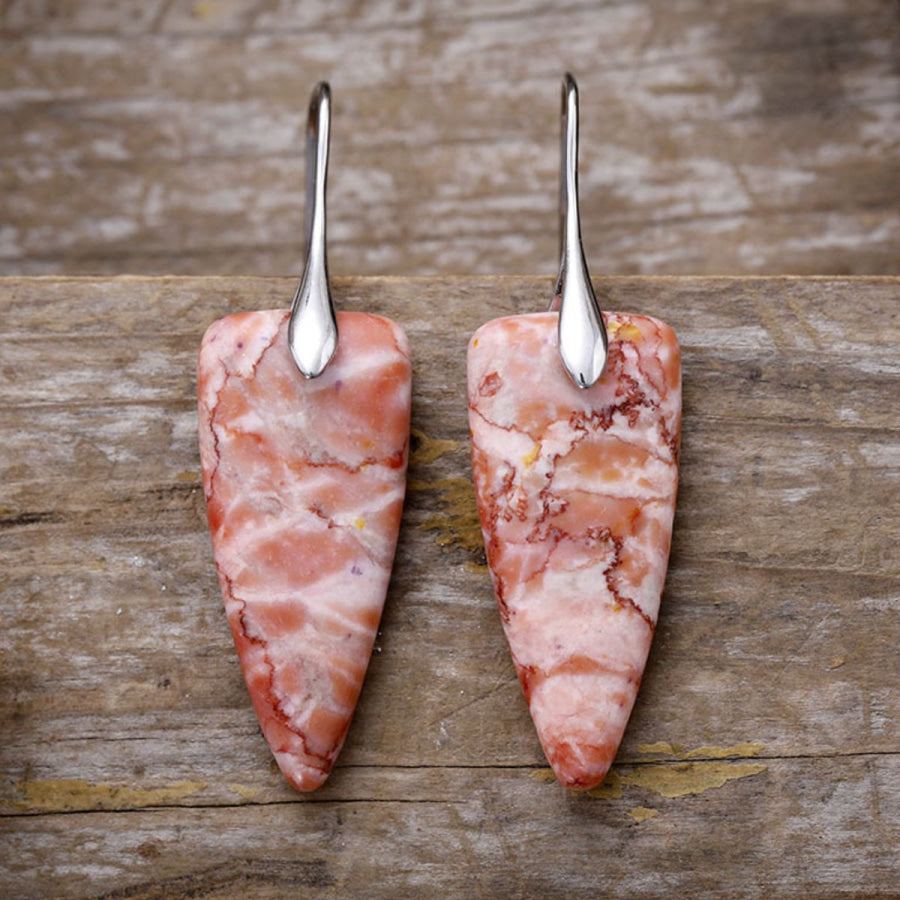 Natural Stone Geometric Shape Earrings Silver/Burnt Coral / One Size Apparel and Accessories