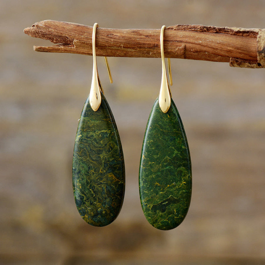 Natural Stone Waterdrop Shape Earrings Gold/Green / One Size Apparel and Accessories