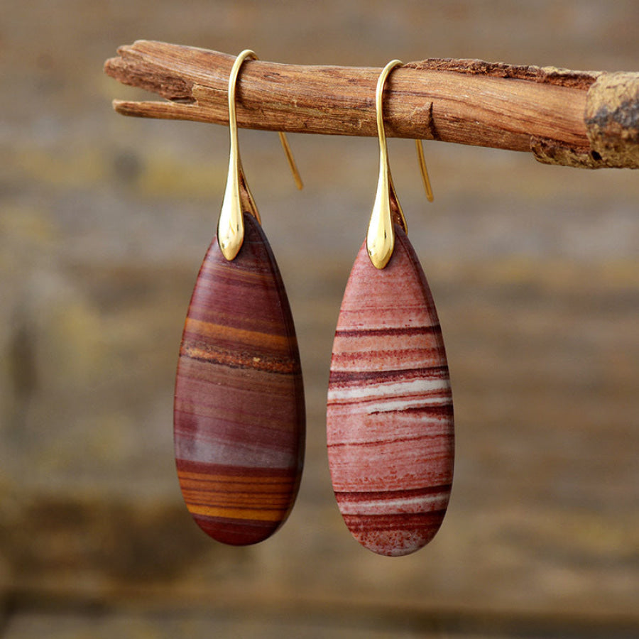 Natural Stone Waterdrop Shape Earrings Gold/Red / One Size Apparel and Accessories