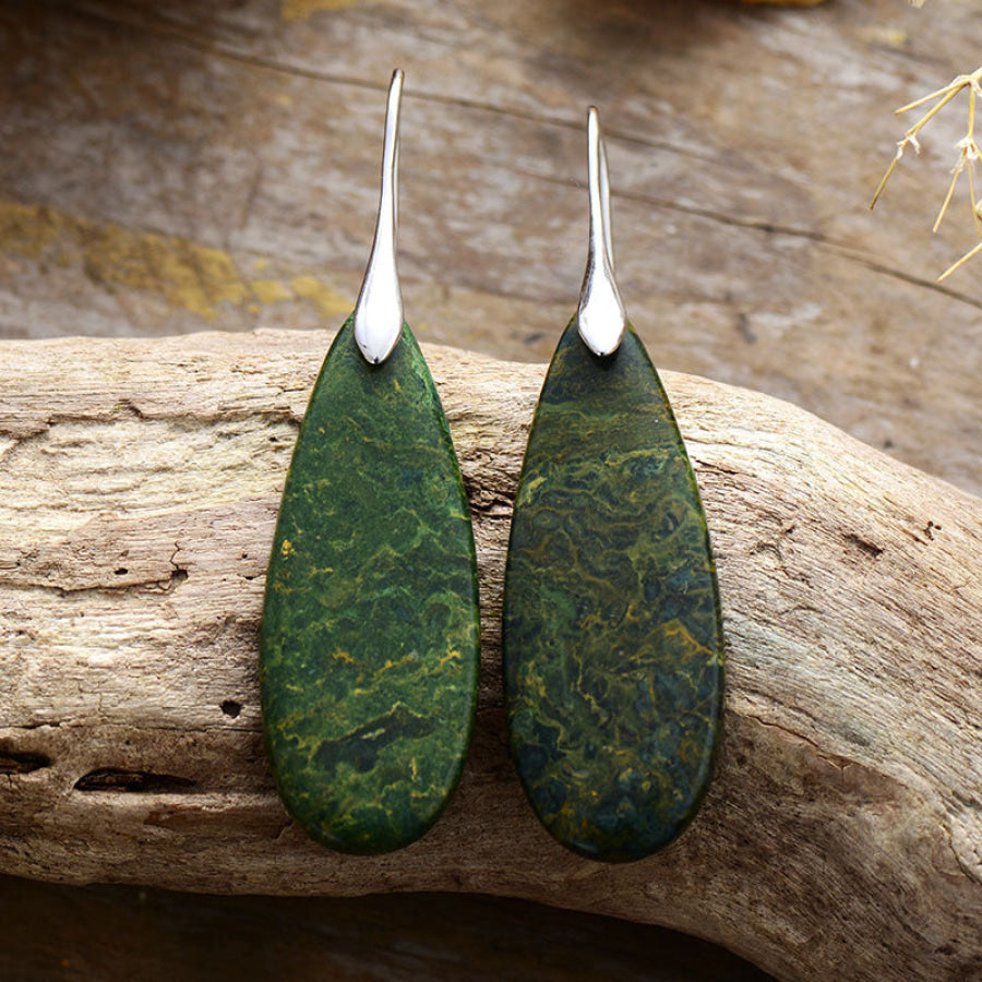 Natural Stone Waterdrop Shape Earrings Silver/Green / One Size Apparel and Accessories