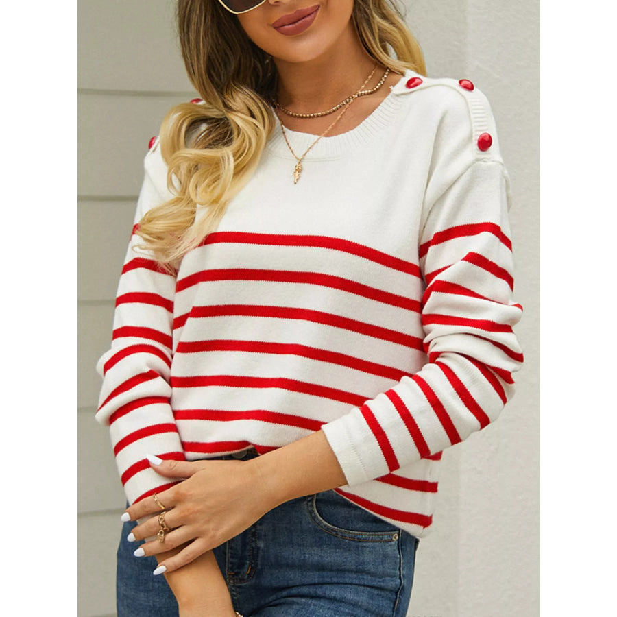 Nautical Striped Button Shoulder Knit Top Apparel and Accessories