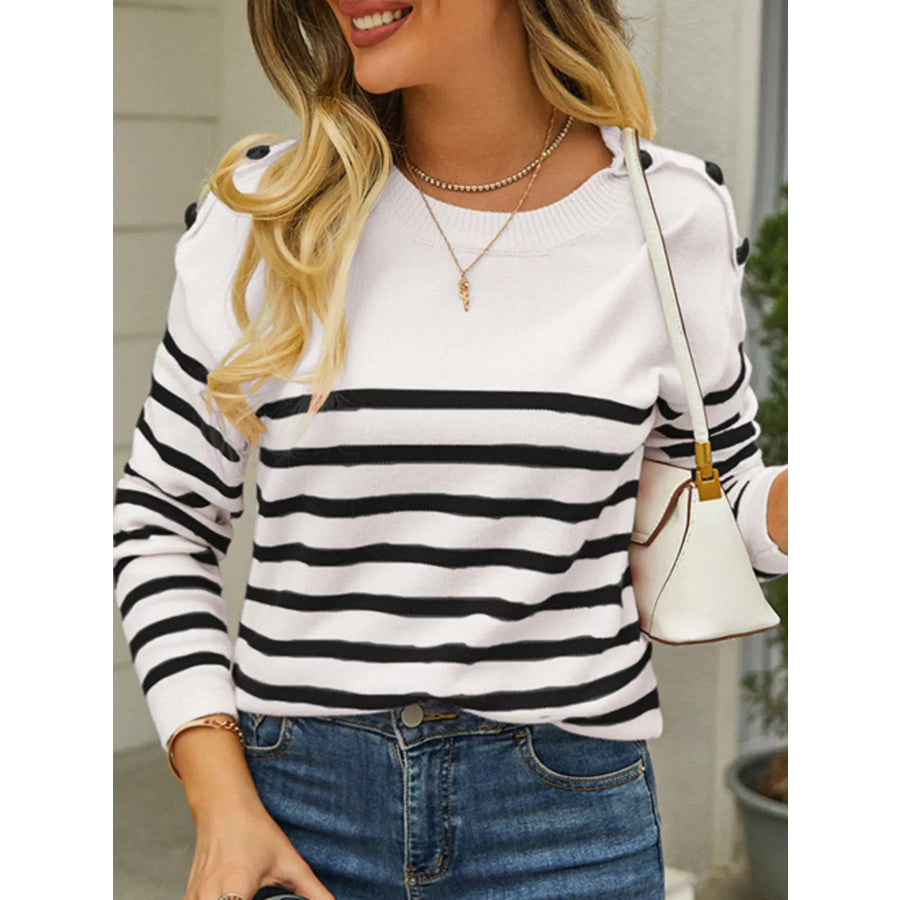Nautical Striped Button Shoulder Knit Top Apparel and Accessories