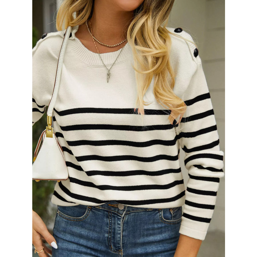 Nautical Striped Button Shoulder Knit Top Black And White / S Apparel and Accessories