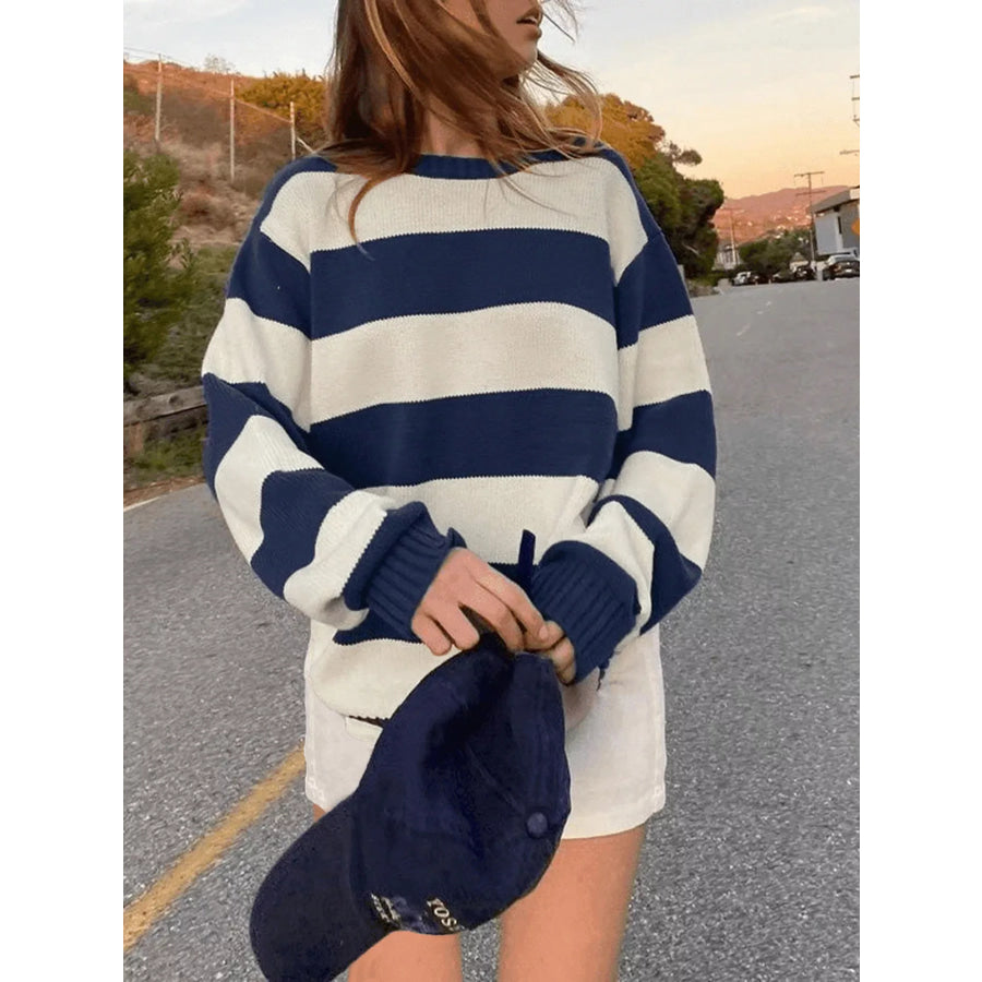 Nautical Striped Round Neck Sweater Blue / S Apparel and Accessories
