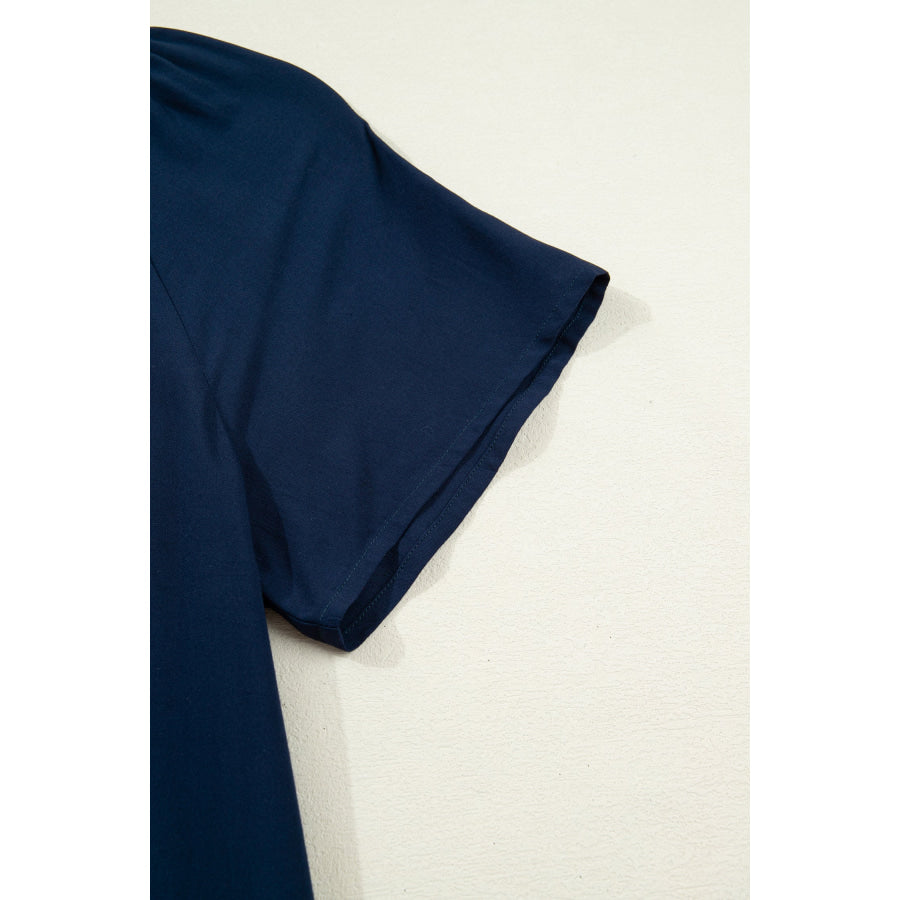 Navy Blue Button Detail Leopard Metallic Trim Short Sleeve Tunic Dress Dresses/Mini Dresses
